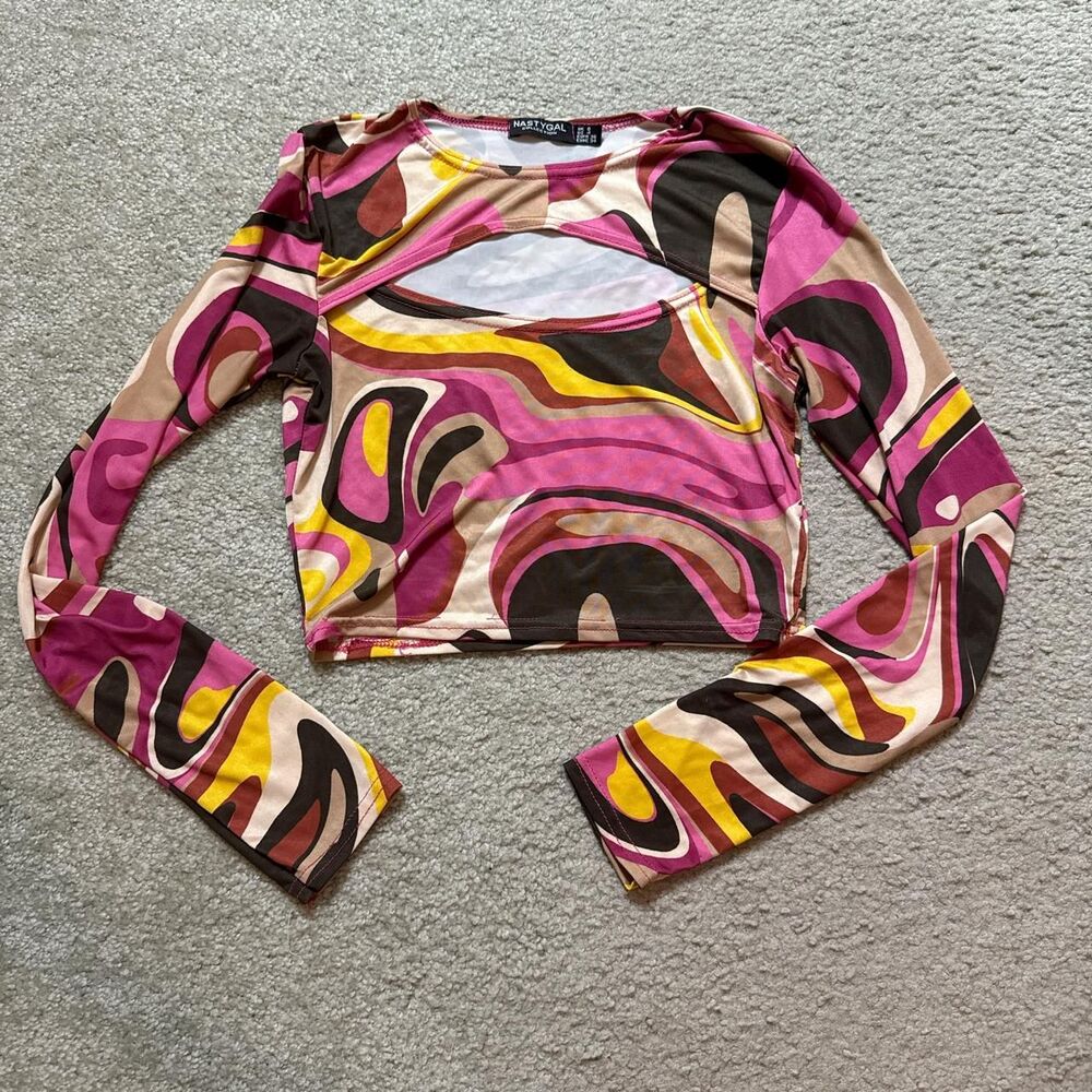 Nasty Gal long sleeve brown and pink swirl top - size 4